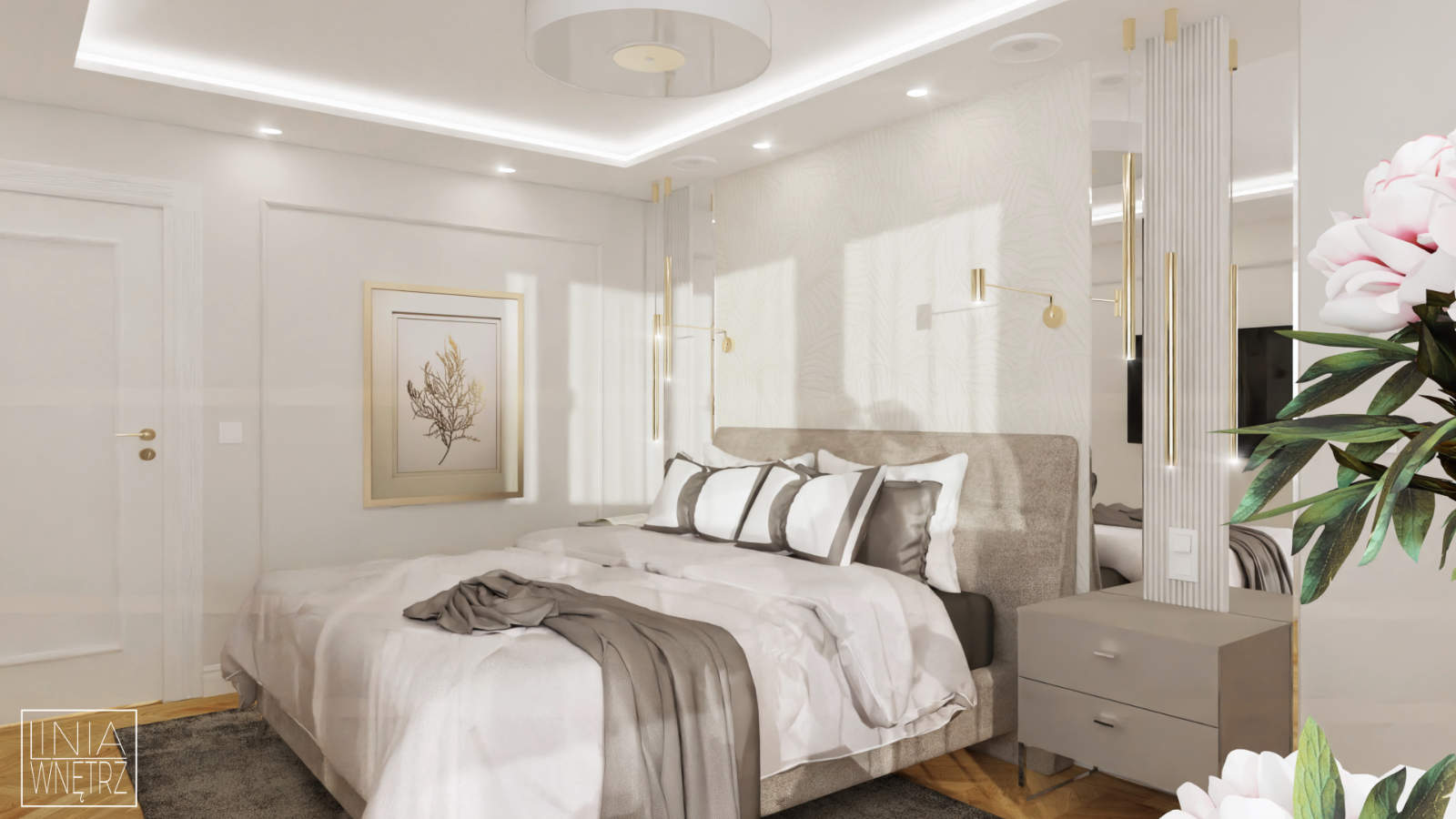 sypialnia z tapicerowanym łóżkiem, tapicerowane łóżko, projekt sypialni, elegancka sypialnia, klasyka w sypialni, projektowanie wnętrz sypialni