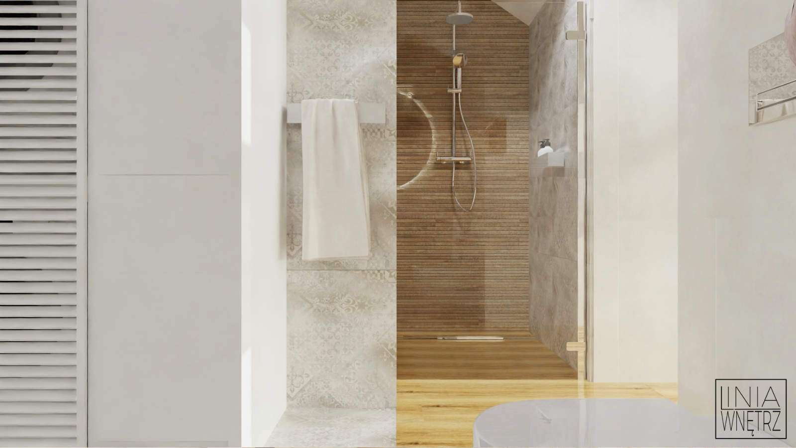 okrągłe lustro w łazience jasna łazienka z lustrem łazienka z drewnem i bielą projektowanie wnętrz