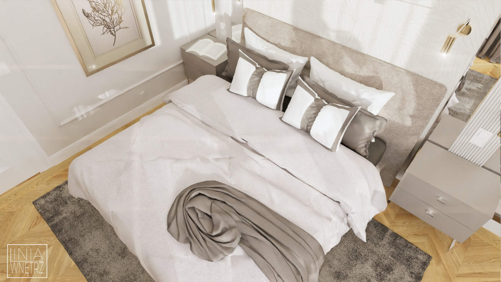 sypialnia z tapicerowanym łóżkiem, tapicerowane łóżko, projekt sypialni, elegancka sypialnia, klasyka w sypialni, projektowanie wnętrz bielsko-biała