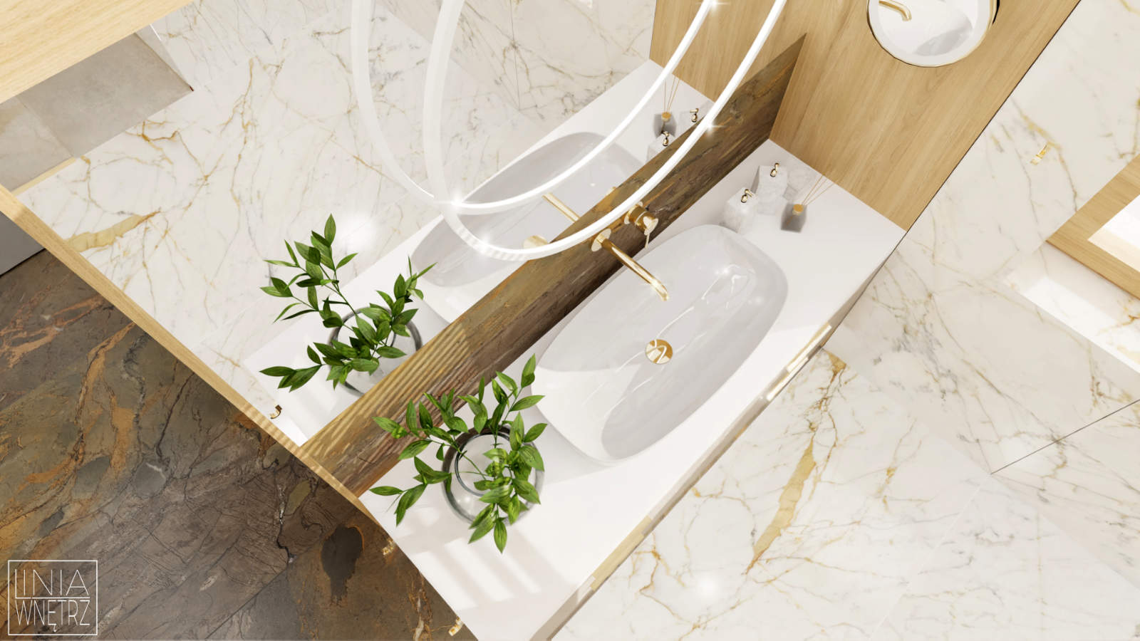 projekt jasnej łazienki Bielsko-Biała drewno w łazience marmur w łazience złote baterie w łazience projektowanie wnętrz śląsk