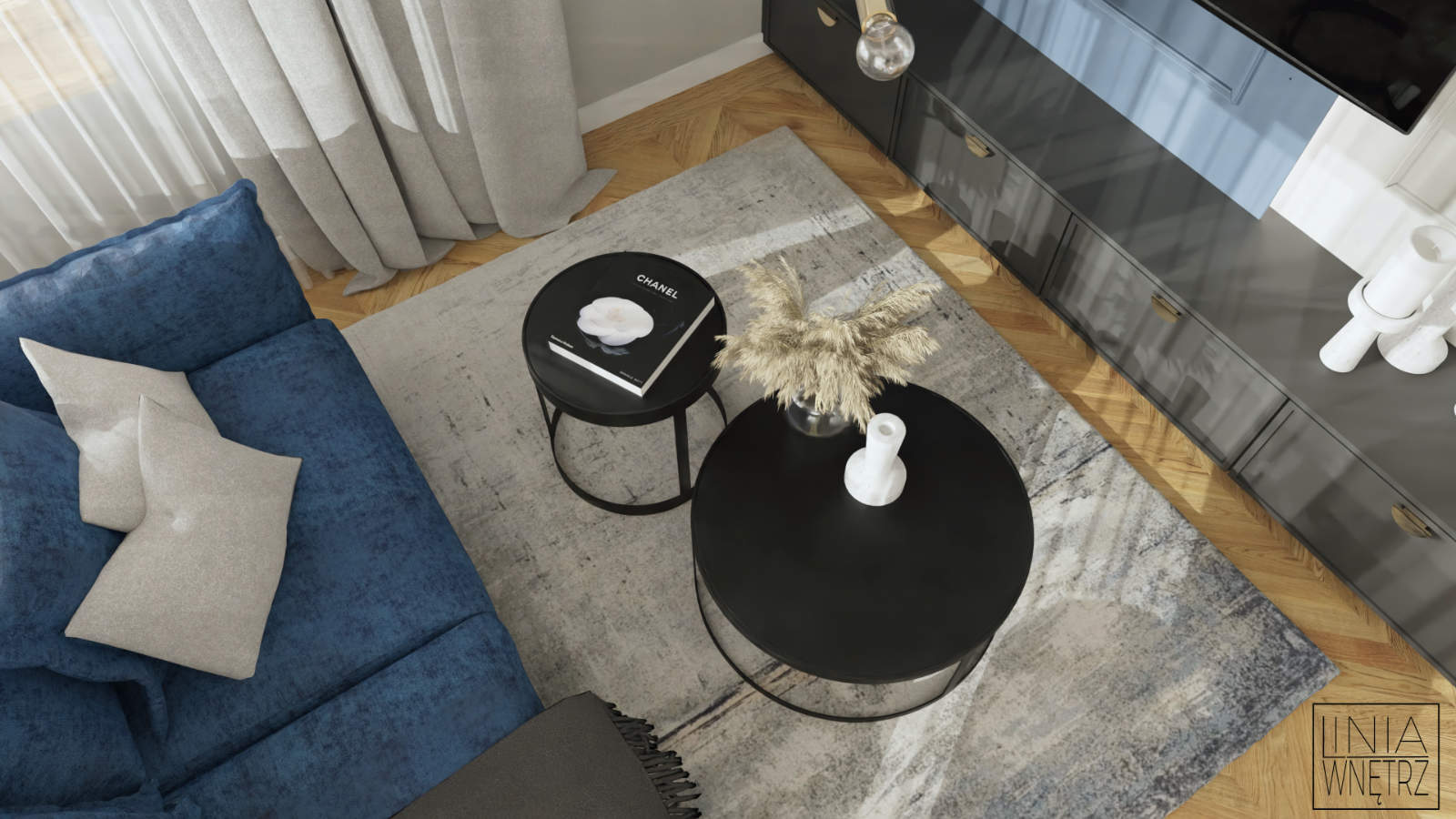 projektowanie wnętrz bielsko biała granatowa sofa szary kolor w pokoju jasne wnętrza z granatowym akcentem projektowanie wnętrz Bielsko-Biała