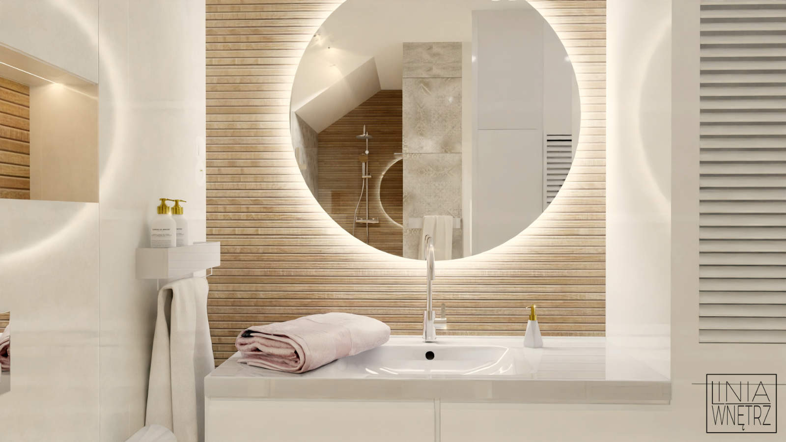 okrągłe lustro w łazience jasna łazienka z lustrem łazienka z drewnem i bielą projektowanie wnętrz