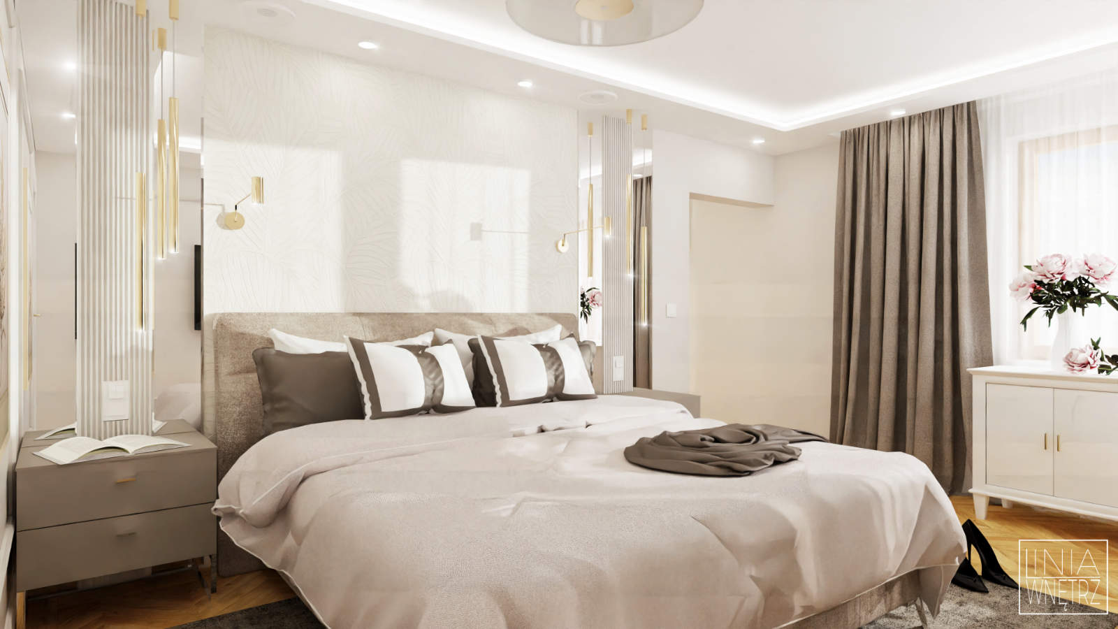 sypialnia z tapicerowanym łóżkiem, tapicerowane łóżko, projekt sypialni, elegancka sypialnia, klasyka w sypialni, projekt bielsko-biała