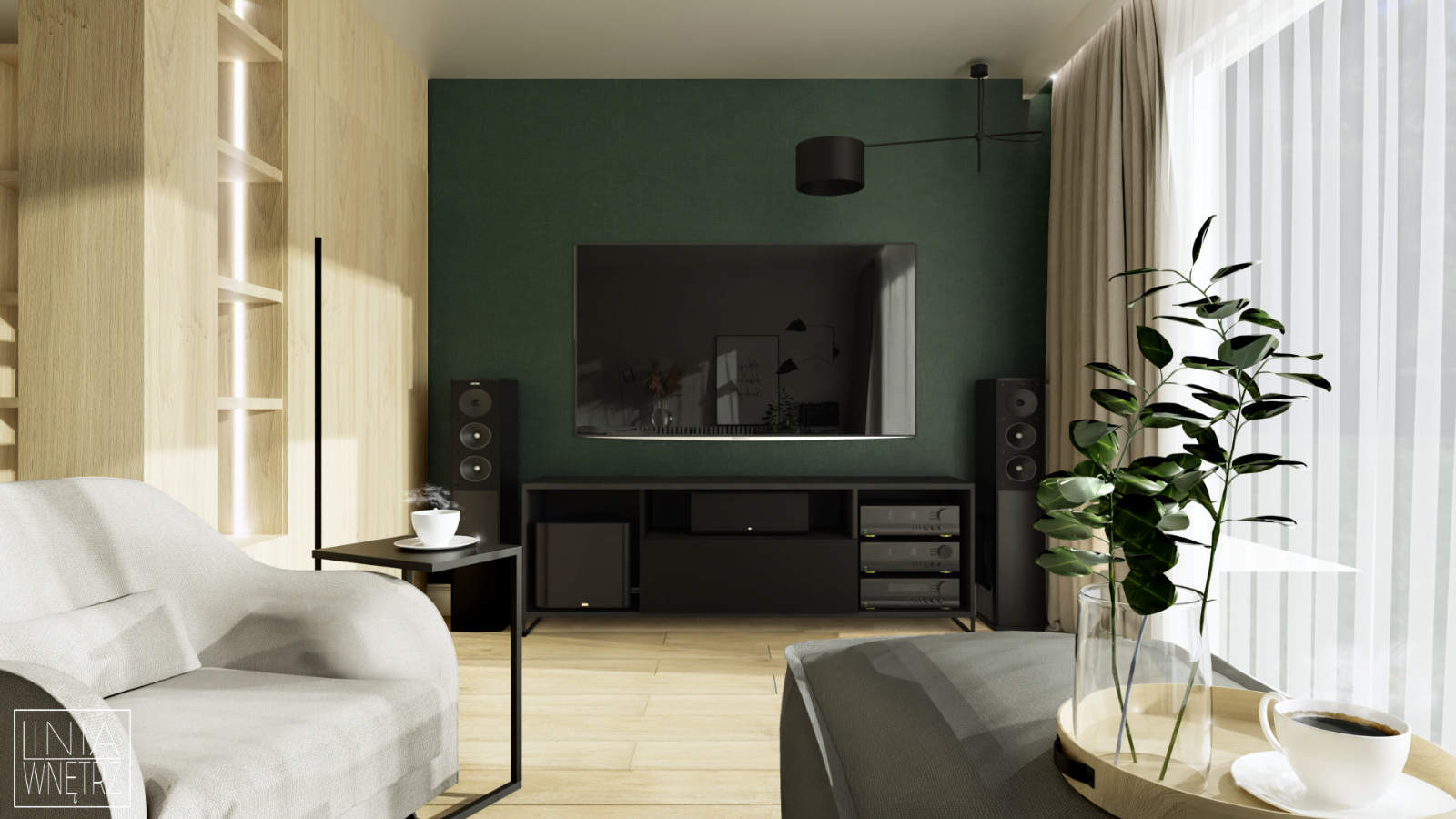 ściana tv zielona tapeta w salonie pomysł na TV