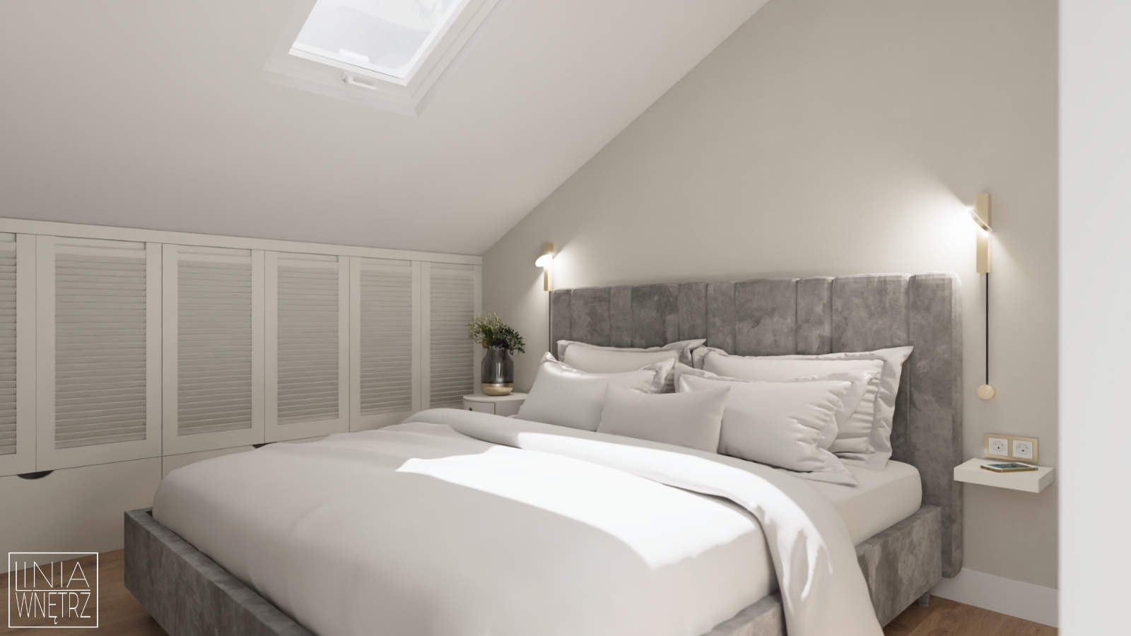 jasna-sypialnia-z-tapicerowanym-szarym-łóżkiem-projektowanie-wnętrz-bielsko-biała