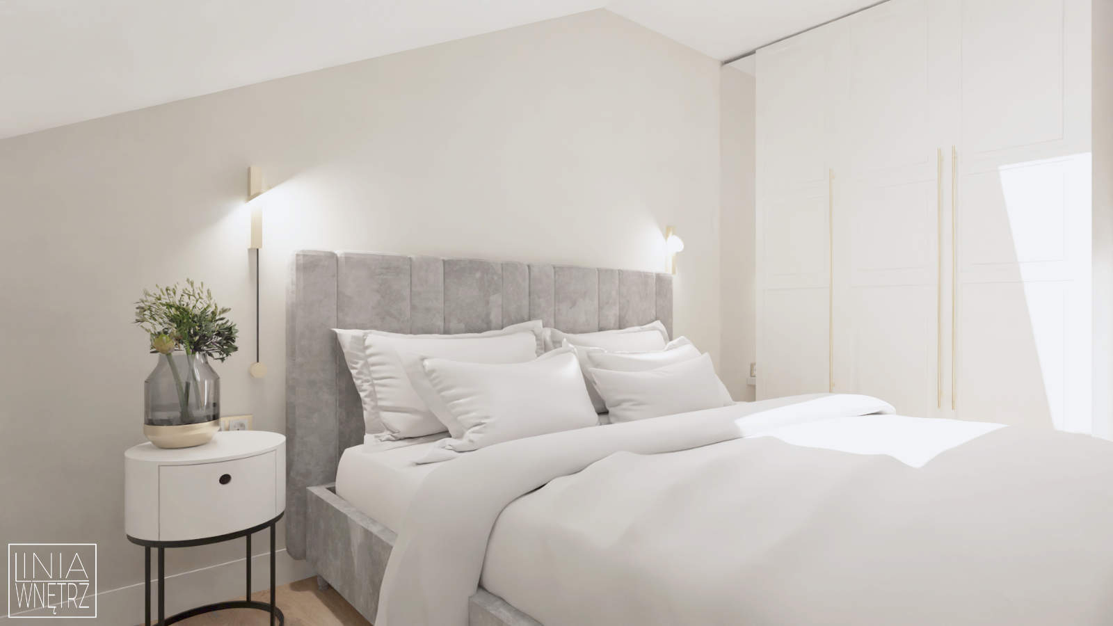 projekt-jasnej-małej-sypialni-z-szarym-tapicerowanym-łóżkiem-projektowanie-wnetrz-bielsko-biala-katowice