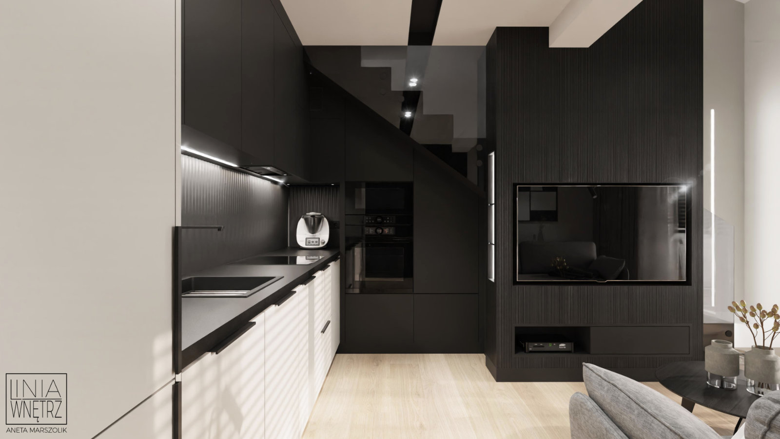salon-kuchnia-nowoczesny-czarny-piekarnik-pod-schodami-linia-wnetrz