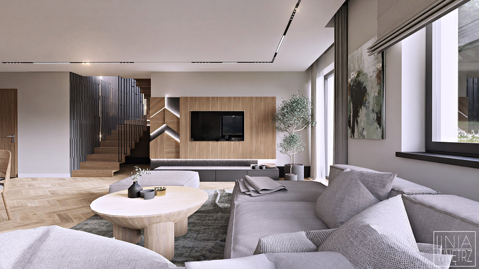 salon-nowoczesny-drewniany-stolik-kawowy-duza-jasna-sofa-narozna-dywan-szary-drewniane-panele-dekoracyjne-za-tv-beton-architektoniczny-na-scianie-projekt-linia-wnetrz-bielsko-biala
