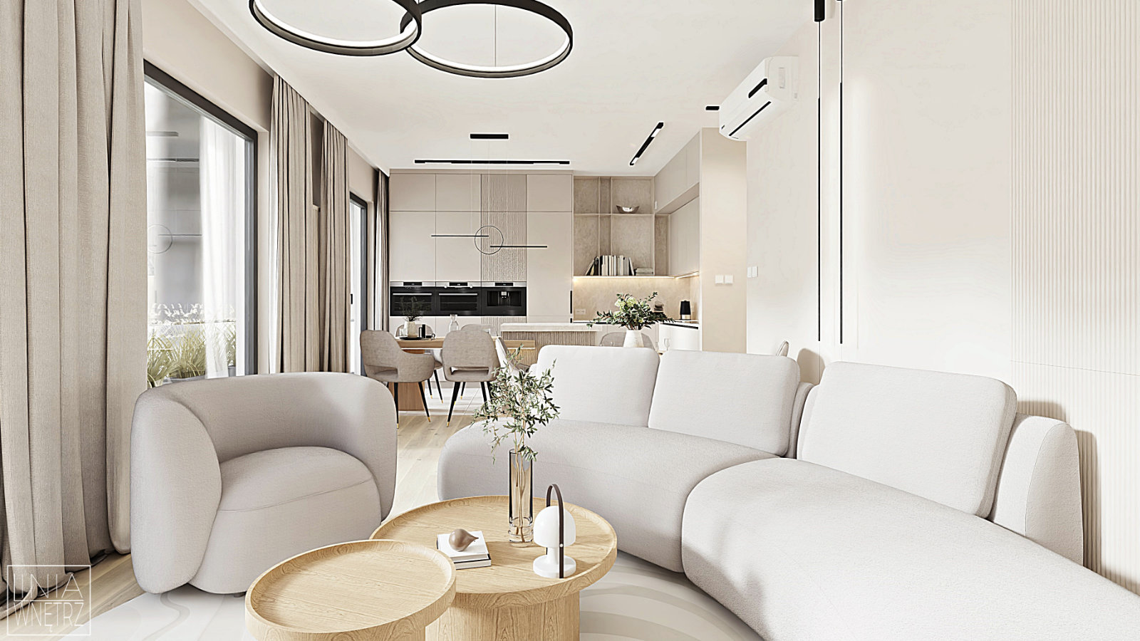 salon-elegancki-nowoczesny-minimalistyczny-jasne-sciany-drewno-biel-obly-fotel-sofa-kuchnia-otwarta-projekt-linia-wnetrz