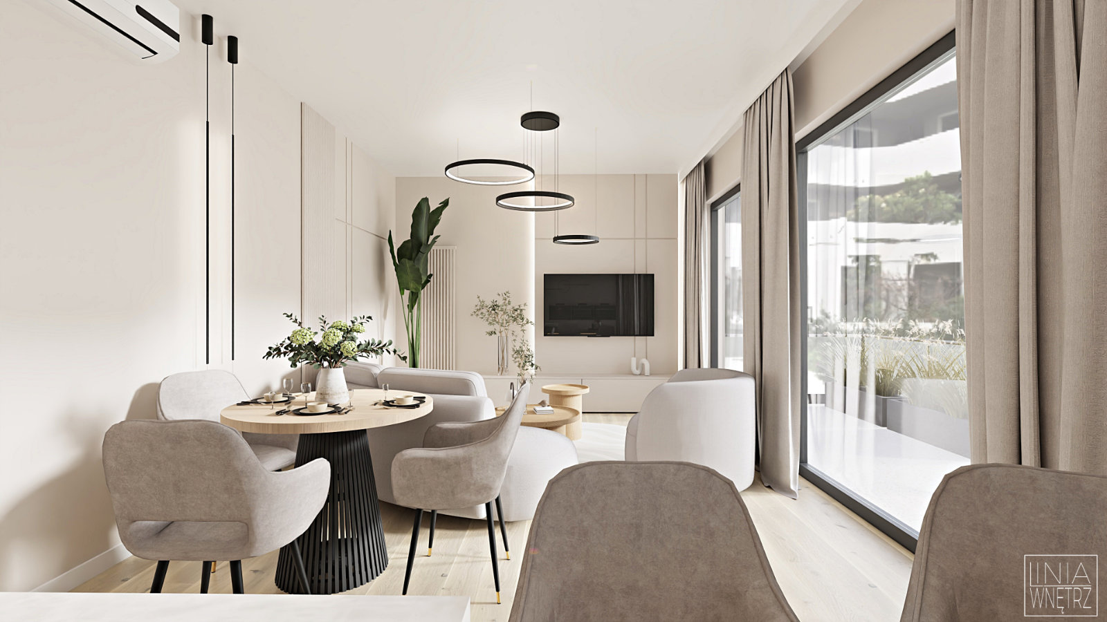 salon-elegancki-nowoczesny-minimalistyczny-stol-sofa-telewizor-jasne-sciany-drewno-biel-projekt-linia-wnetrz