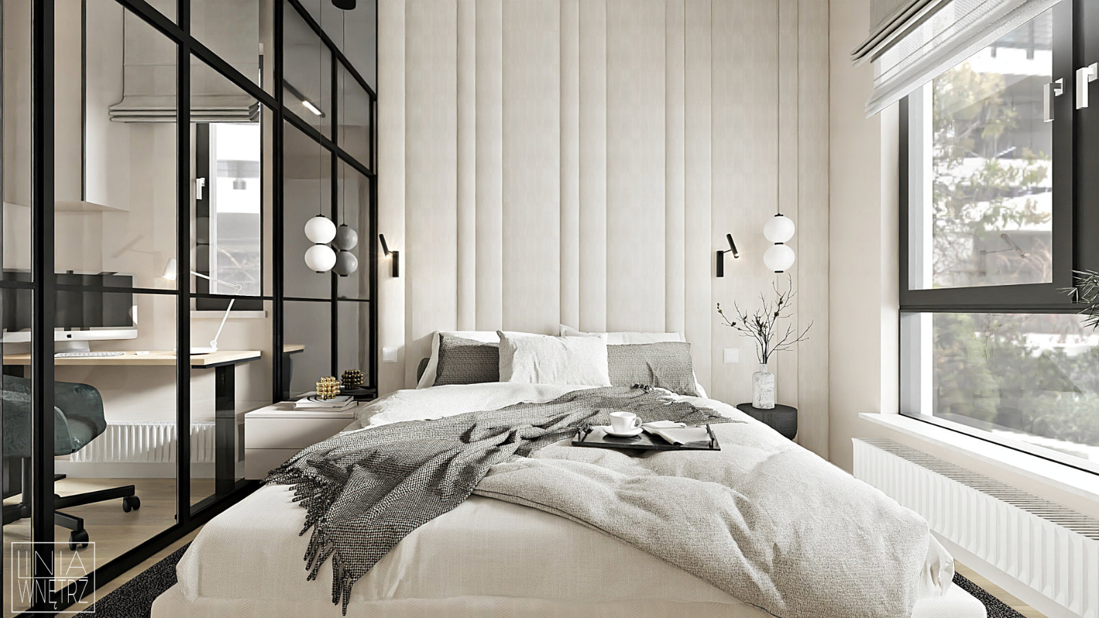 sypialnia-przytulna-ciepla-bezowe-panele-tapicerowane-szklana-sciana-biuro-projekt-linia-wnetrz-slaskie