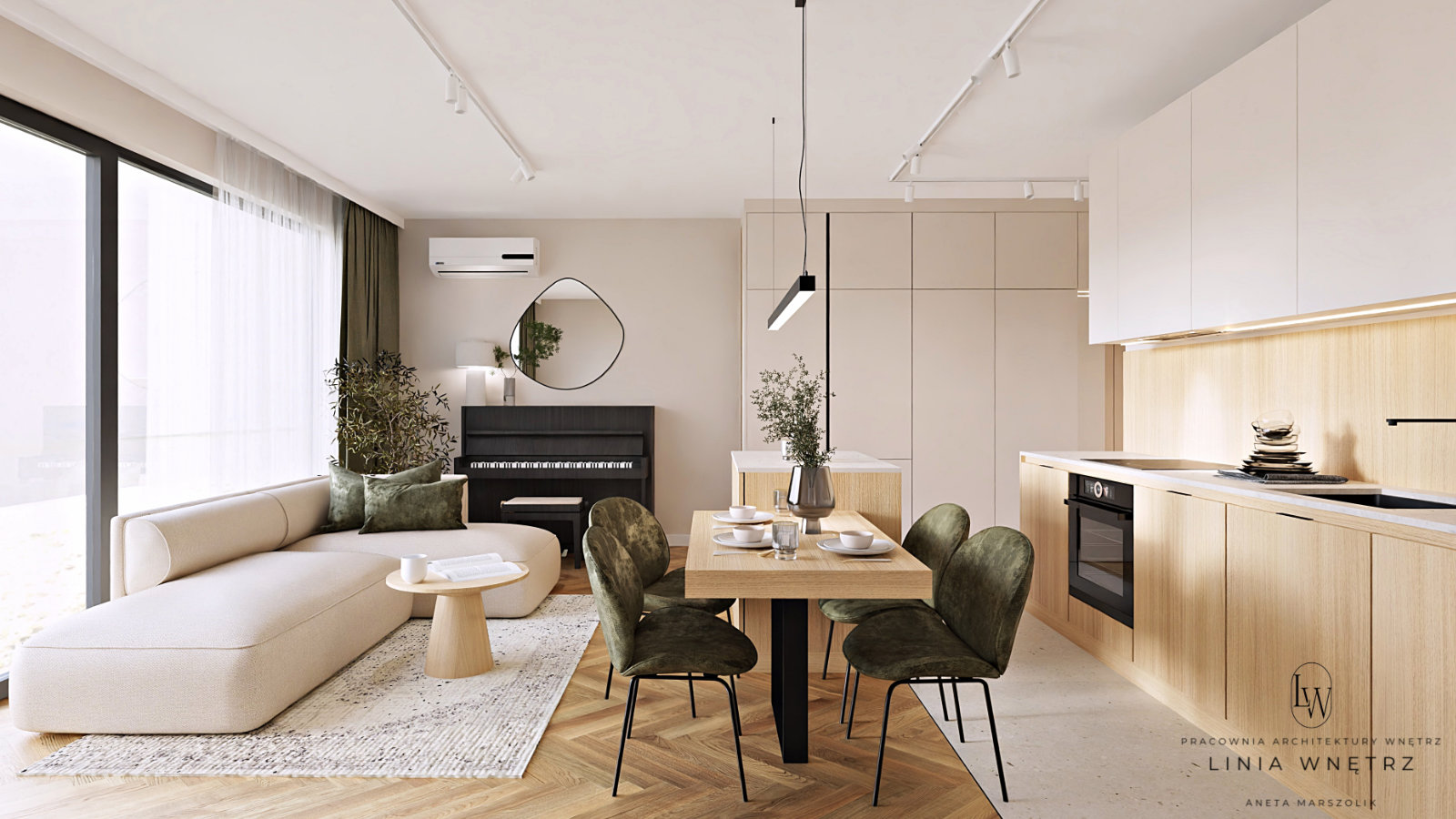 salon-otwarta-kuchnia-pokoj-dzienny-nowoczesn-przytulny-jasna-sofa-narozna-wyspa-kuchenna-stol-drewniany-krzesla-tapiceroane-zielone-szafa-na-wymiar-linia-wnetrz