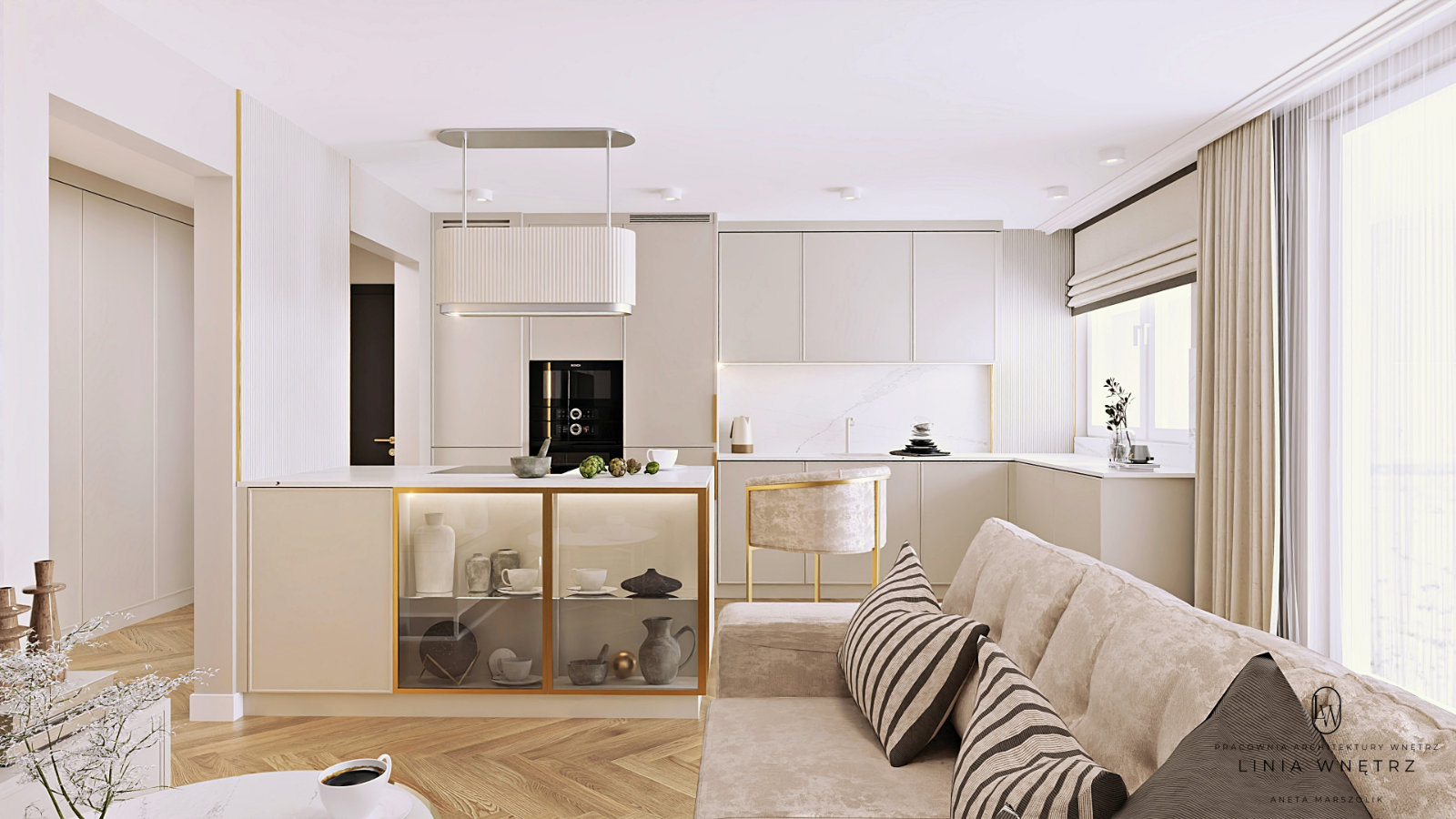 kuchnia-otwarta-na-salon-litera-l-wyspa-kuchenna-przeszklona-witryna-okap-wolnowiszacy-gladkie-fronty-sofa-bezowa-projekt-linia-wnetrz