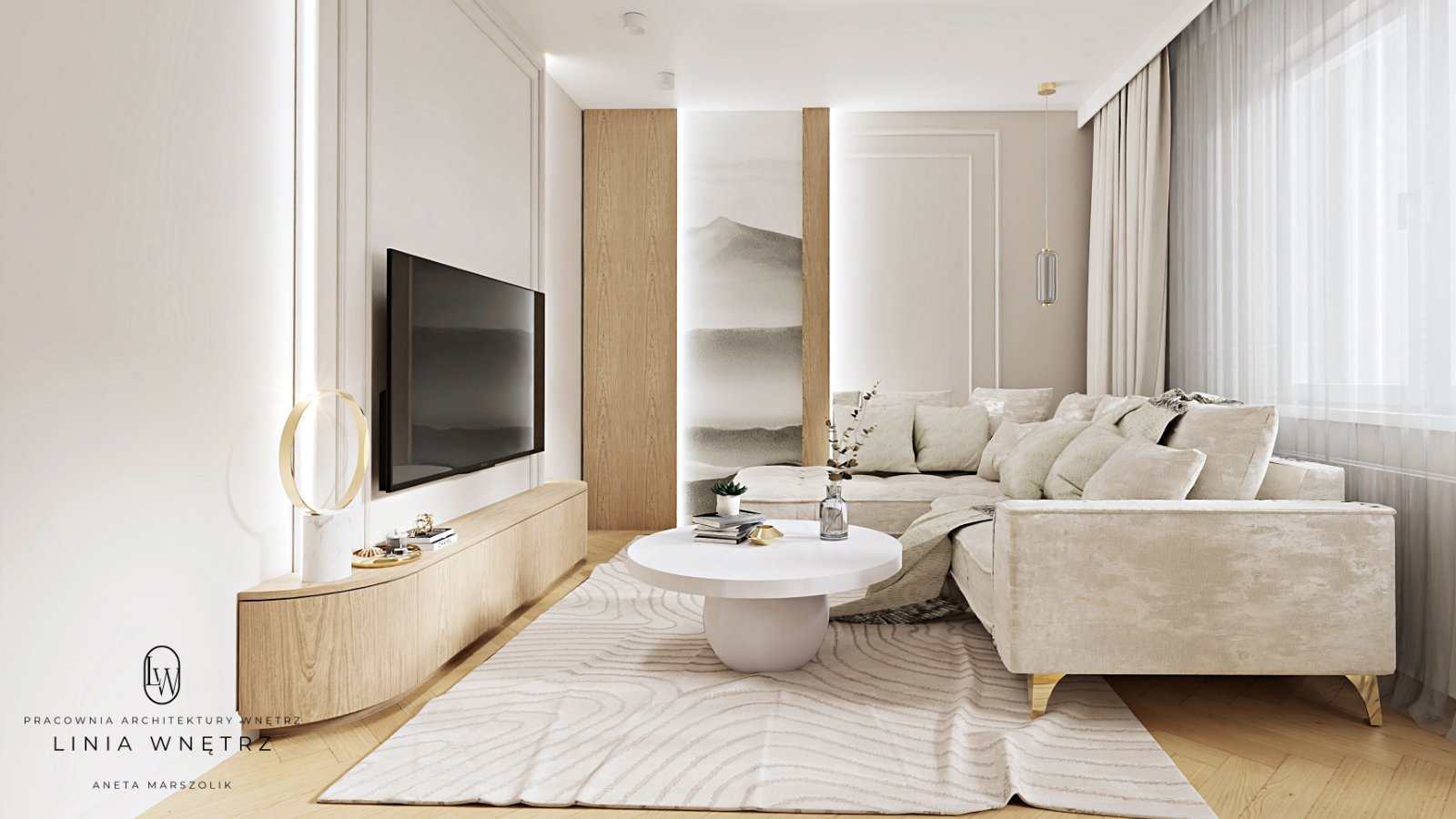 salon-pokoj-dzienny-klasyczny-jasny-elegancki-przytulny-sztukateria-sofa-telewizor-szafka-rtv-stolik-kawowy-okragly-projekt-linia-wnetrz