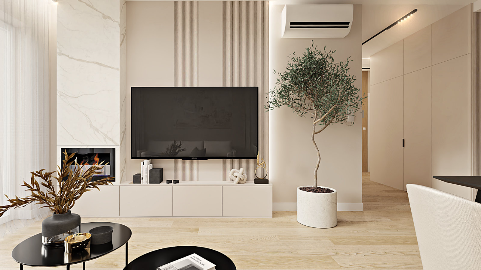salon-jasny-przytulny-bezowy-kremowy-telewizor-na-scianie-biokominek-projekt-linia-wnetrz