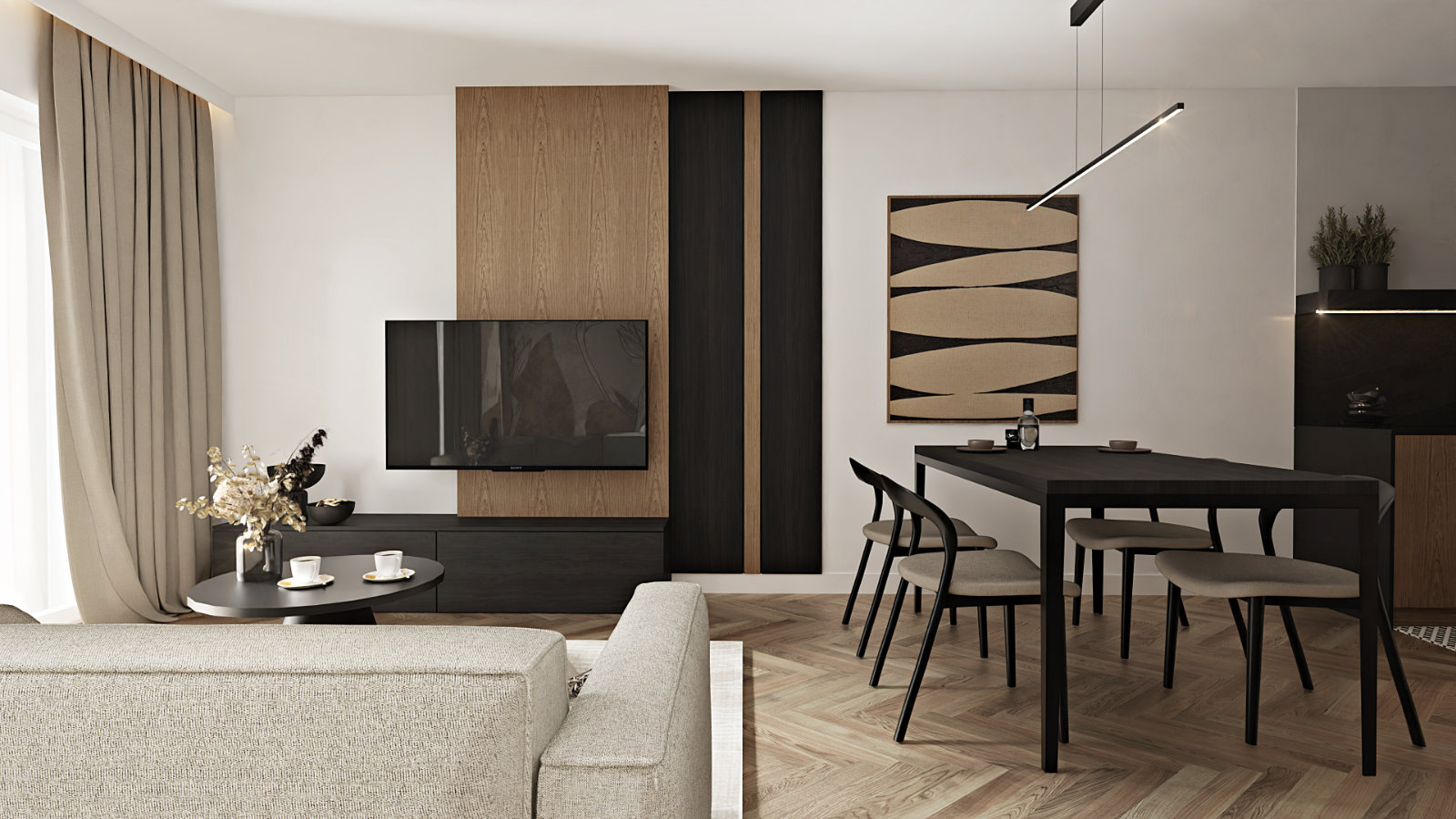 salon-stol-drewniany-krzesla-tapicerowane-telewizor-na-scianie-panele-scienne-dekoracyjne-projekt-linia-wnetrz