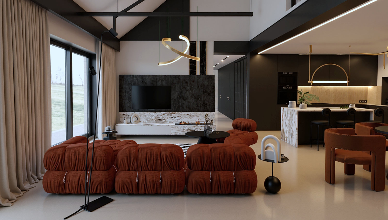 salon-otwarty-sofa-modulowa-czerwona-dywan-motyw-zwierzecy-tygrys-czarny-stolik-kawowy-lampa-wiszaca-zlota-kominek-parowy-projekt-linia-wnetrz-slaskie