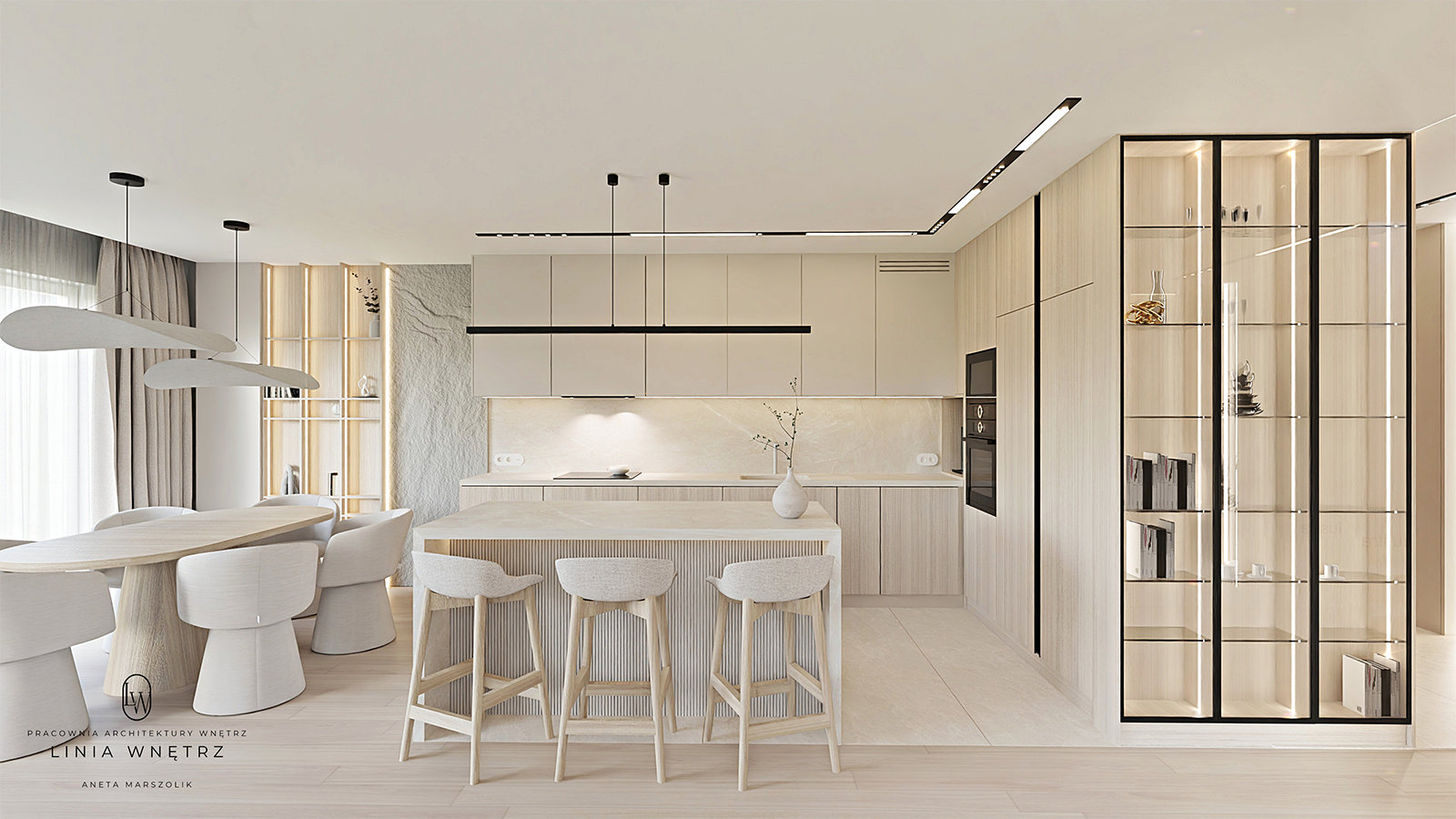 kuchnia-otwarta-na-salon-jadalnia-wyspa-kuchenna-zabudowa-wysoka-stol-owalny-tapicerowane-krzesla-drewniane-bezowe-fronty-witryna-podswietlana-projekt-linia-wnetrz
