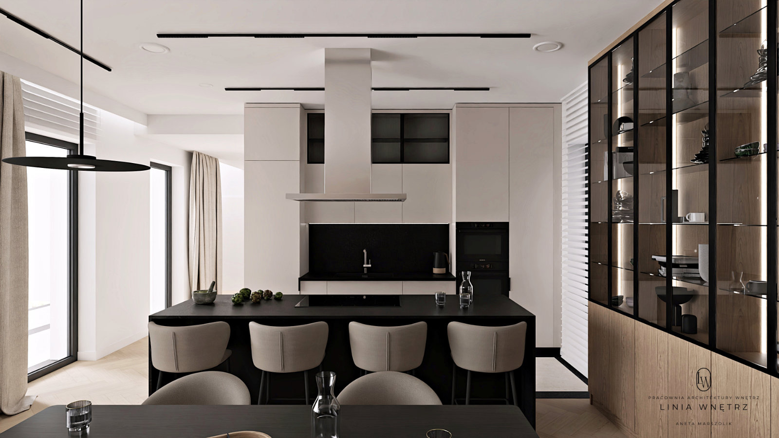 kuchnia-otwarta-salon-wyspa-hokery-nowoczesne-wnetrze-eleganckie-czern-drewno-indukcja-na-wyspie-projekt-linia-wnetrz-slask