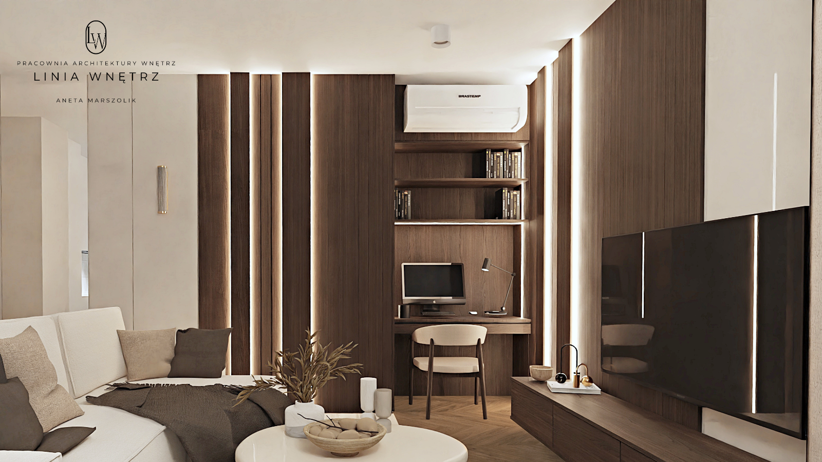 salon-wypoczynek-sofa-telewizor-miejsce-do-pracy-drewno-cieply-nowoczesny-elegancki-przytulny-projekt-linia-wnetrz-slask